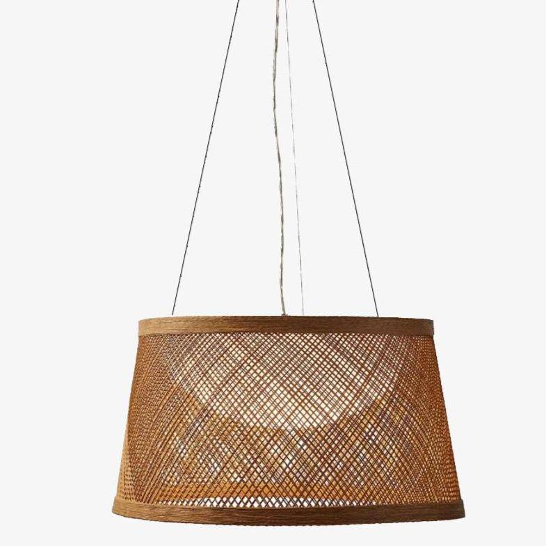 LED wooden pendant lamp with round Buri shade