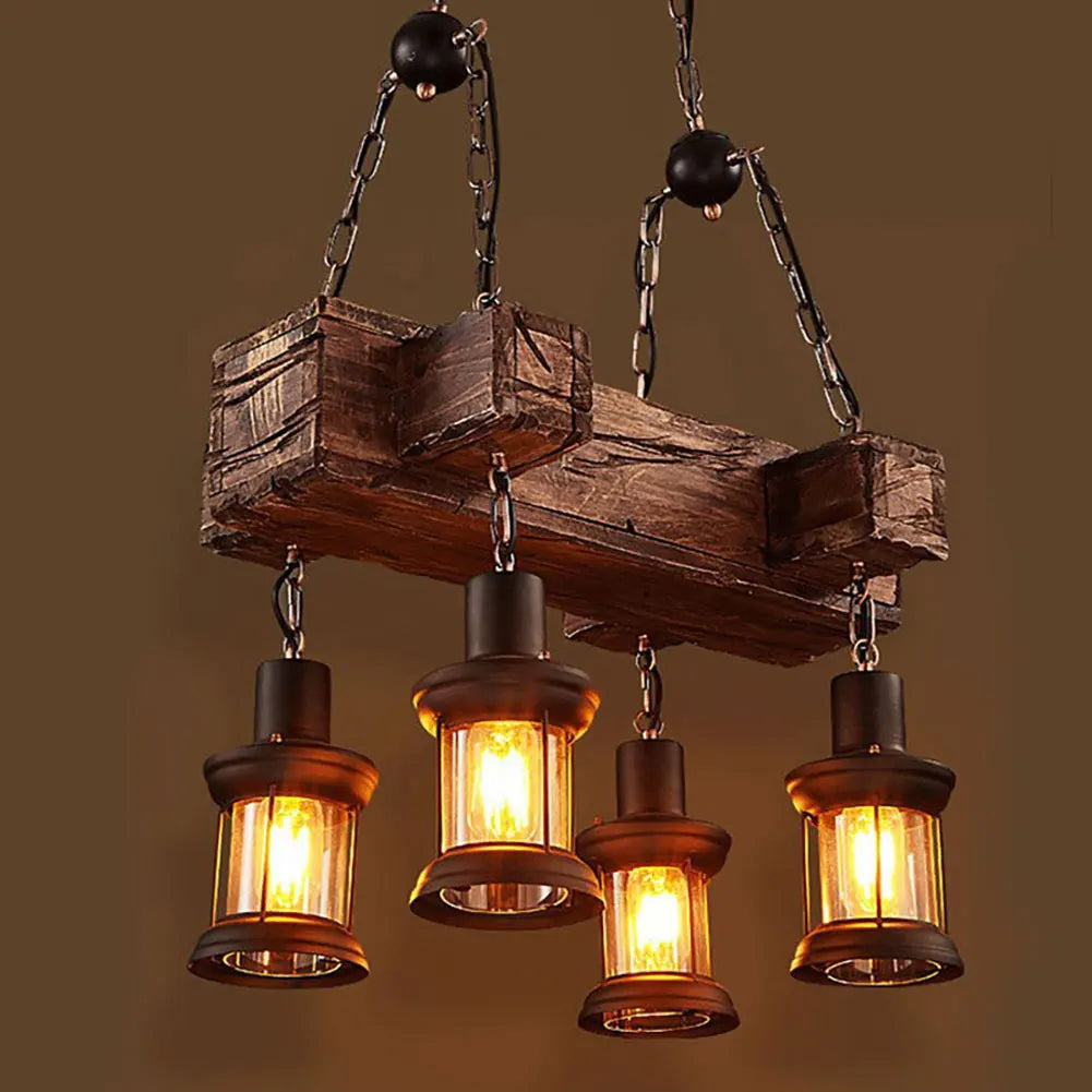 oukanning vintage 4-light industrial wooden pendant chandelier