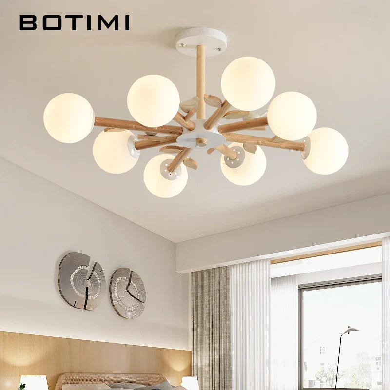 natural wood botimi chandelier with round glass shade