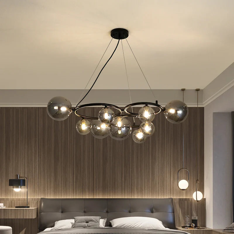 Modern clear glass chandelier with adjustable metal cord