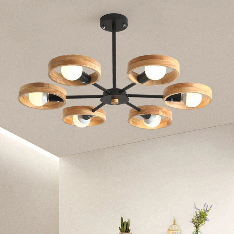 Nordic wooden chandelier with round hanging shade