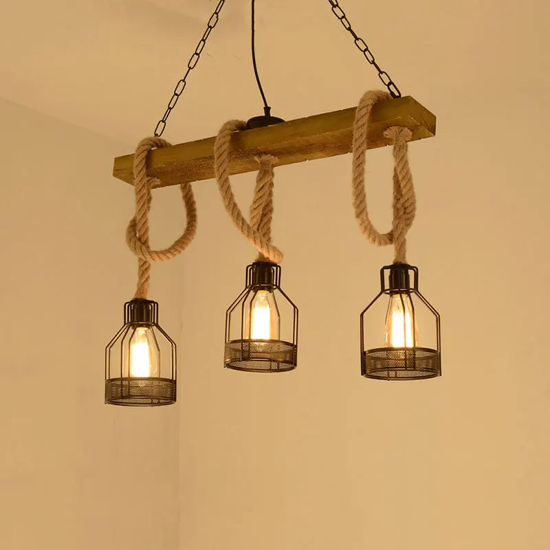 Retro Industrial Chandelier with 3 Wood Heads and Hemp Rope