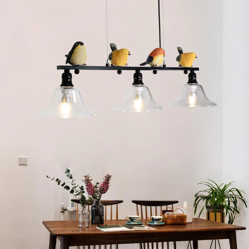 Nordic iron, glass, and resin chandelier with birds