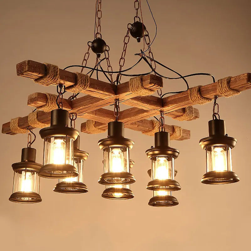 Retro industrial wooden and iron chandelier with 8 lights