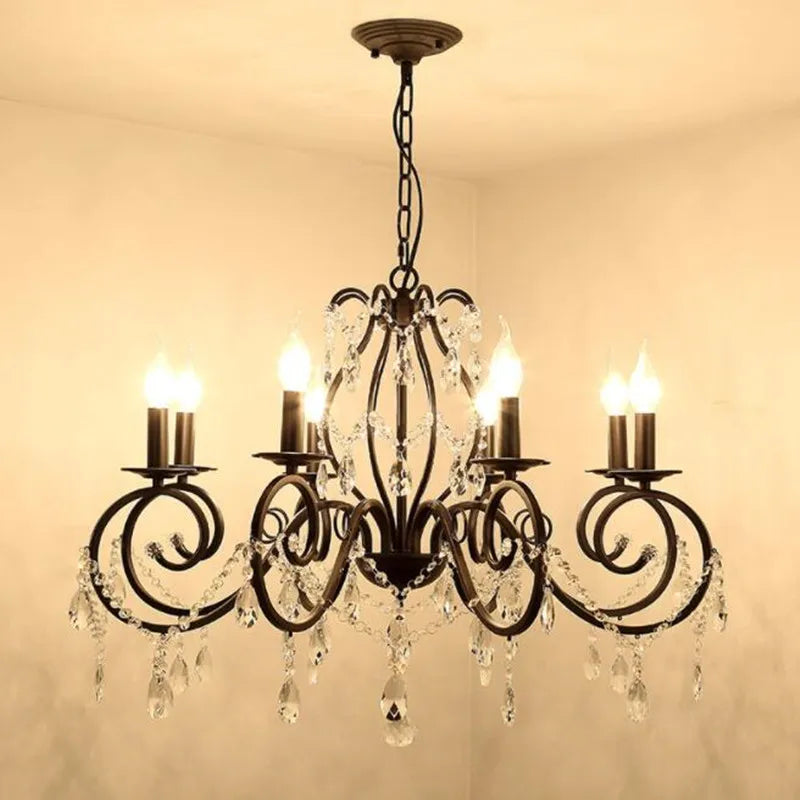 Vintage Crystalline Black Iron Chandelier