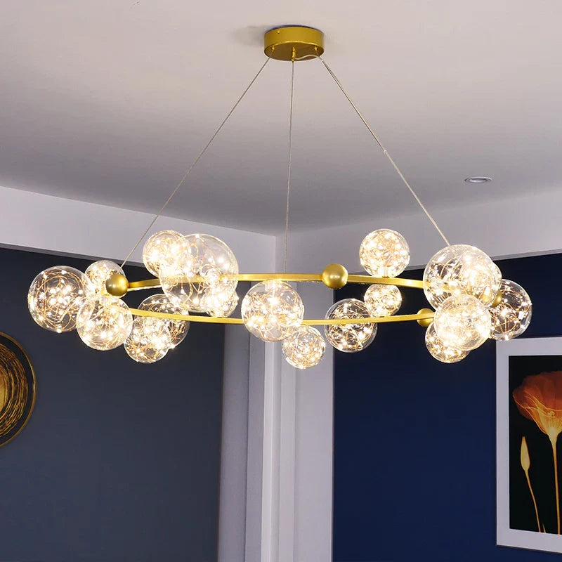 luxury modern chandelier with LED rings and glass ball