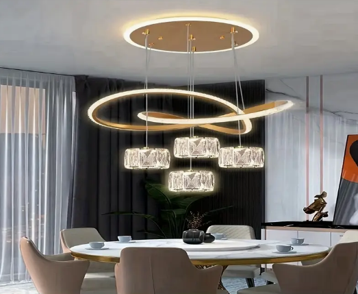 Modern LED Chandelier, 4-Head Dimmable Crystal Pendant Light, Color Changing Semi-Flush Mount Fixture, with Installation Hardware, for Dining Room, Bedroom, Living Room, Hallway, 110V-240V Powered
