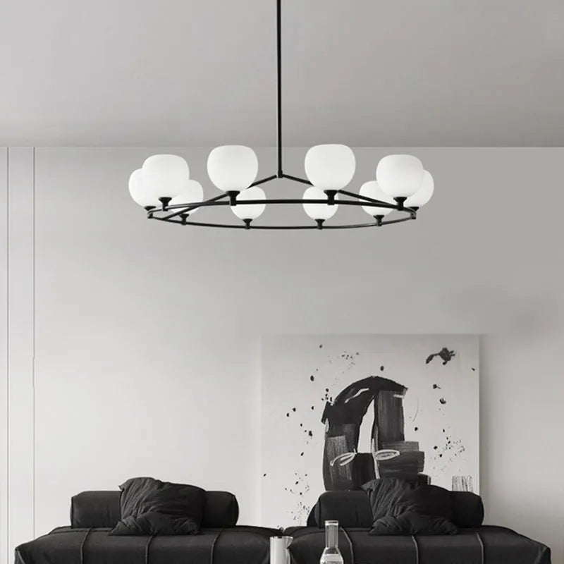 height-adjustable chandelier with copper and white glass rings