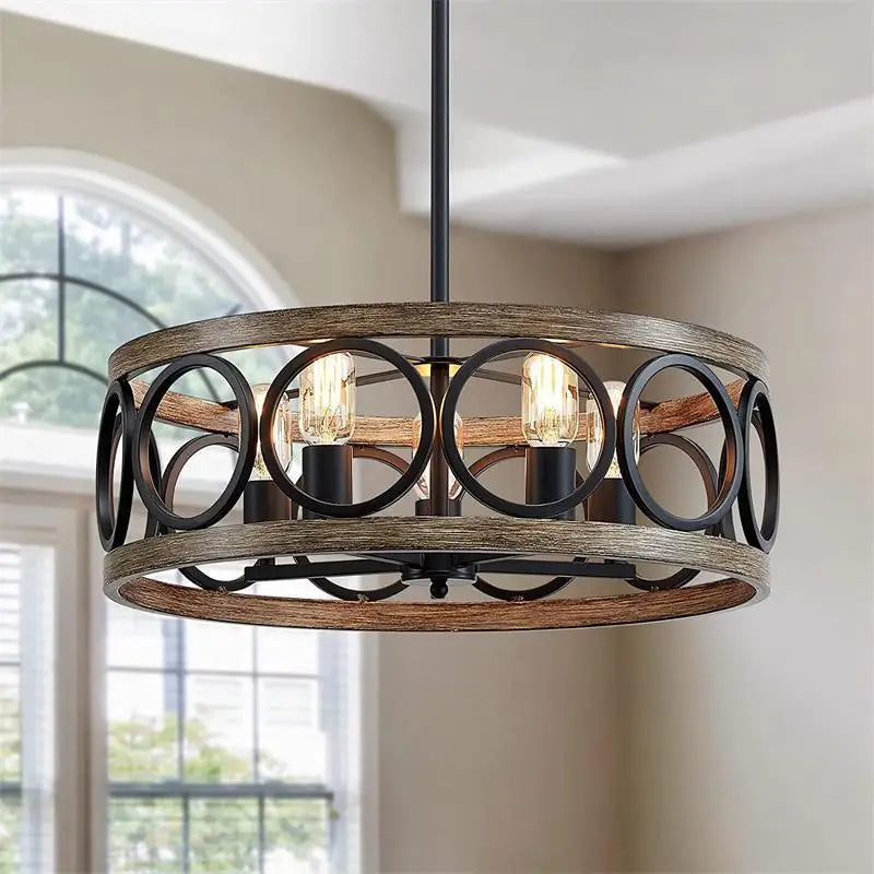 Farmhouse Retro American Industrial Circular Chandelier Iron Art Wood Grain for Restaurant Home Bedroom Ceiling Light Home Decor