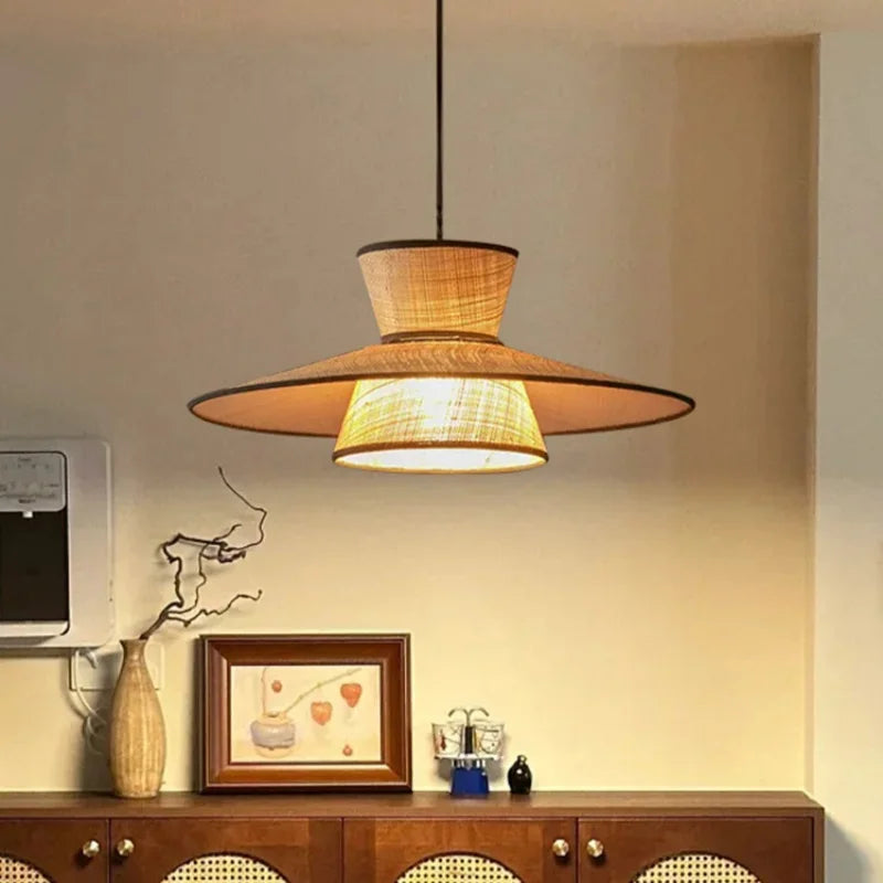 Wabi-sabi rattan and raffia chandelier for vintage interior decoration