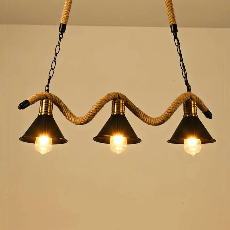 Vintage Industrial Three-Head Hemp Rope Chandelier