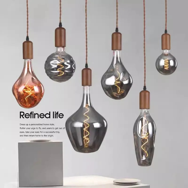 Retro Glass and Wood Chandelier
