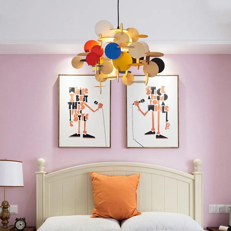 Nordic modern wooden chandelier with colorful decorative lighting