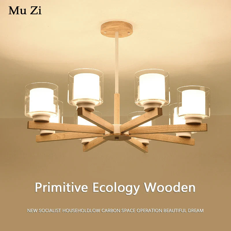Vintage Wooden Chandelier with Lights