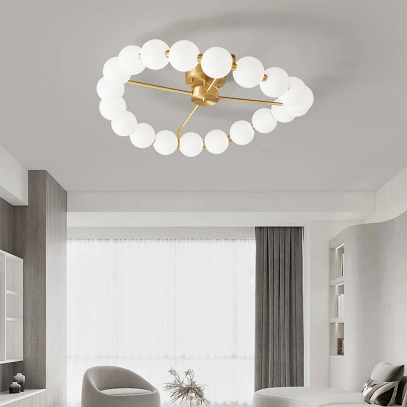 LED chandelier with copper ring and acrylic sphere