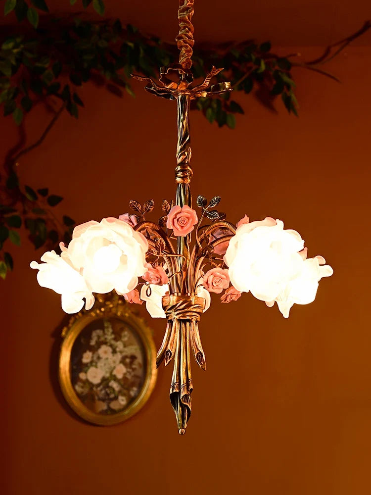 European classic style copper chandelier with pink glass and LED light
