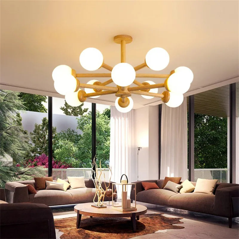 Japanese wooden chandelier with glass shade interior decoration