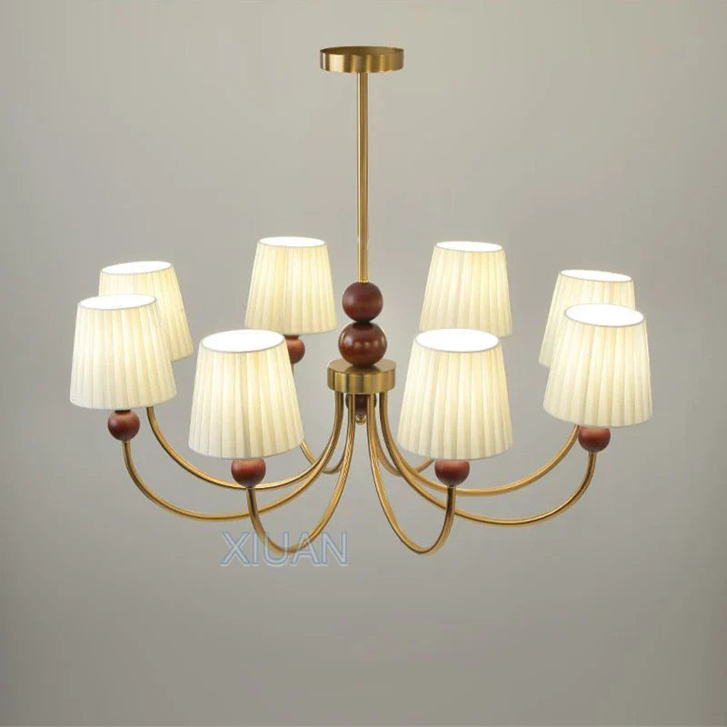 American vintage LED chandelier in pleated fabric and wabi-sabi wood