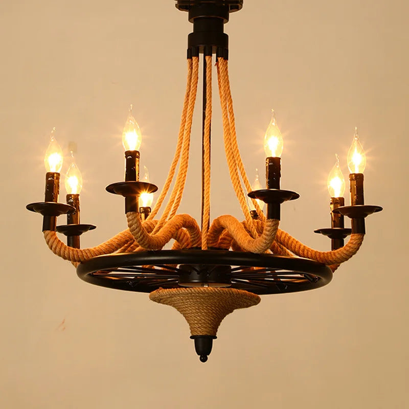 American Loft Chandelier Nostalgic Wooden Restaurant Living Room Bar Internet Cafe Light Industrial Hemp Rope Pendant Lamp