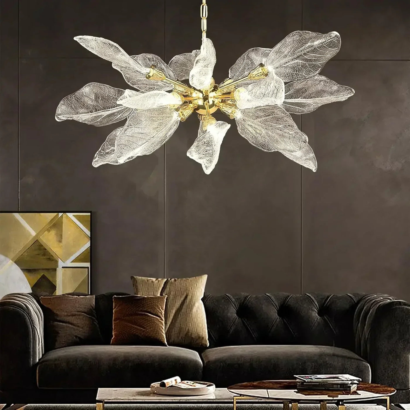 Modern metal chandelier with elegant design and decorative leaves