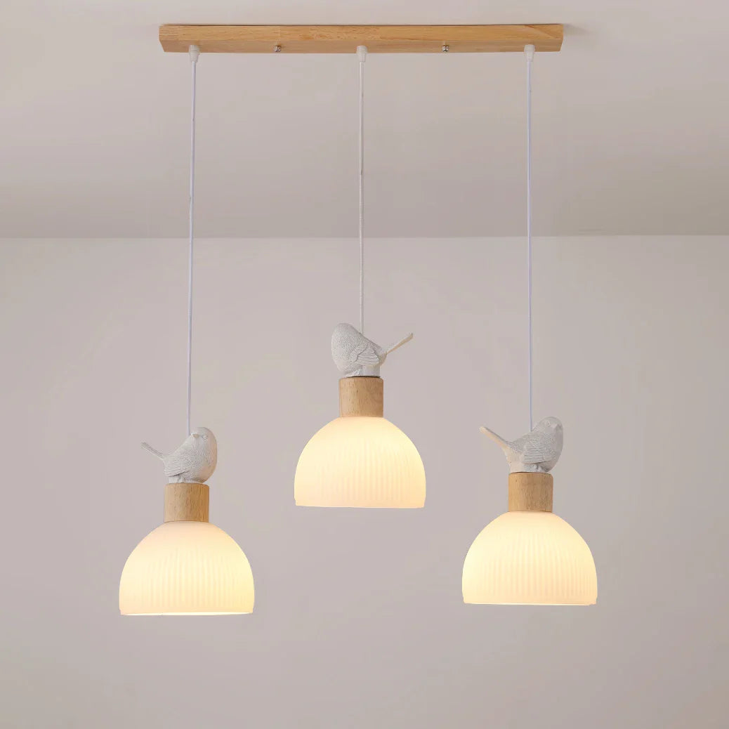 Wooden LED pendant light with white glass shade