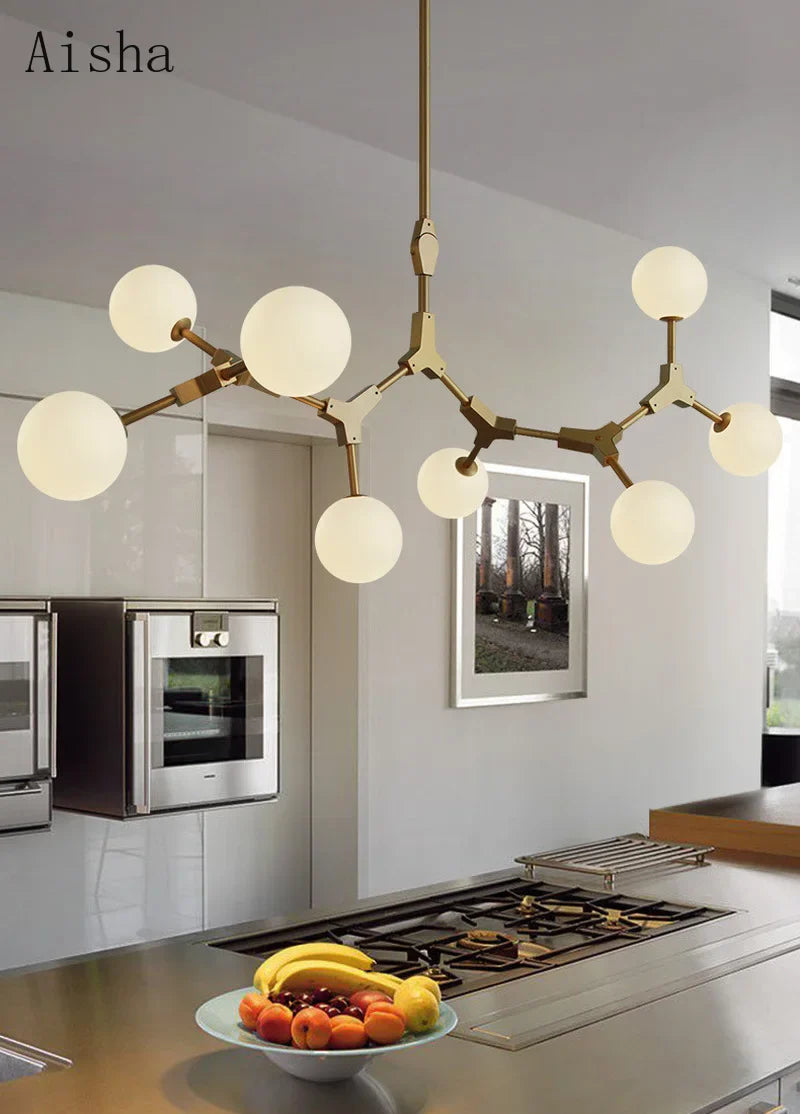 Modern chandelier illuminates Scandinavian space.
