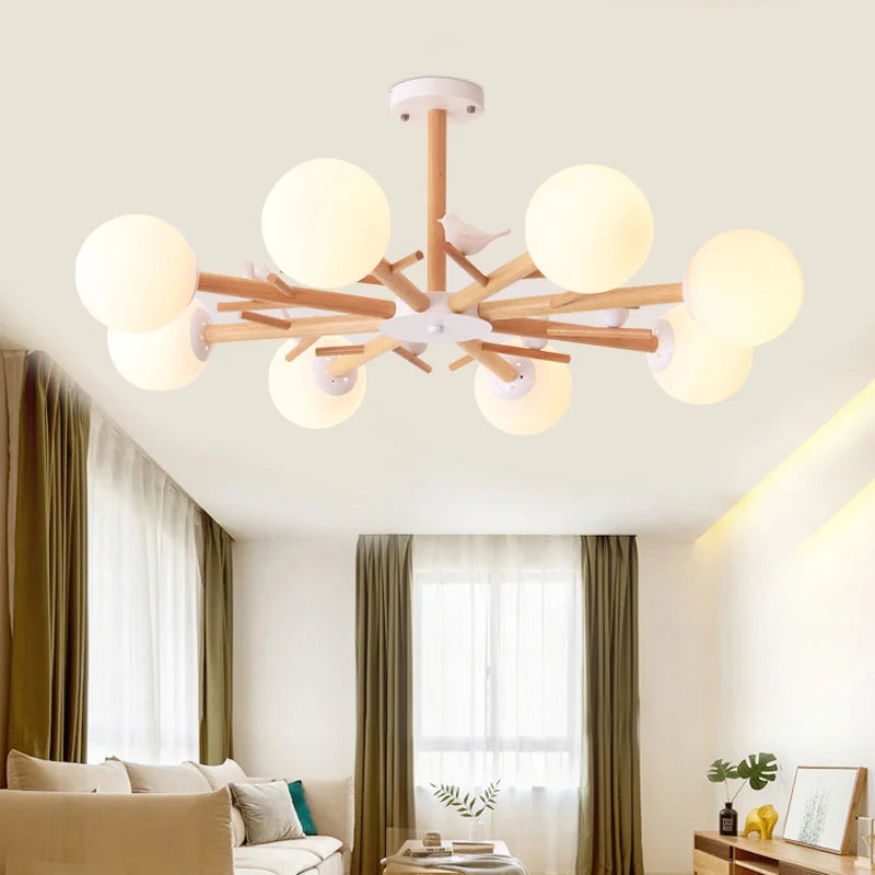 natural wood chandelier with modern glass shade