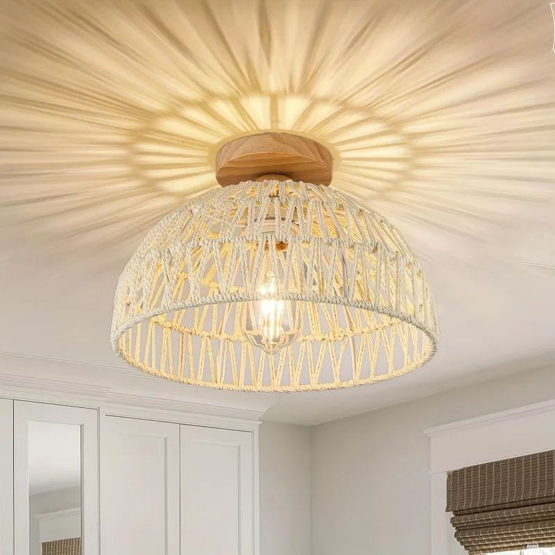Woven rattan ceiling light, bohemian style