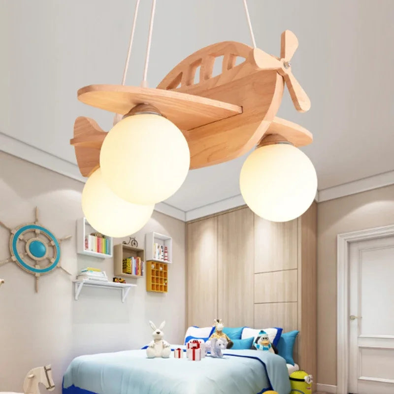 Wooden airplane LED chandelier for children's room