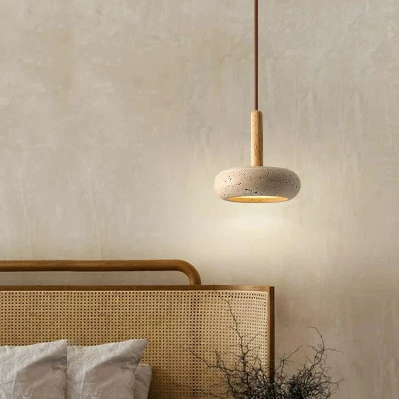 Modern wooden chandelier with stone LED pendant
