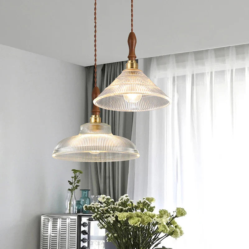 Glass, copper, and wood pendant light