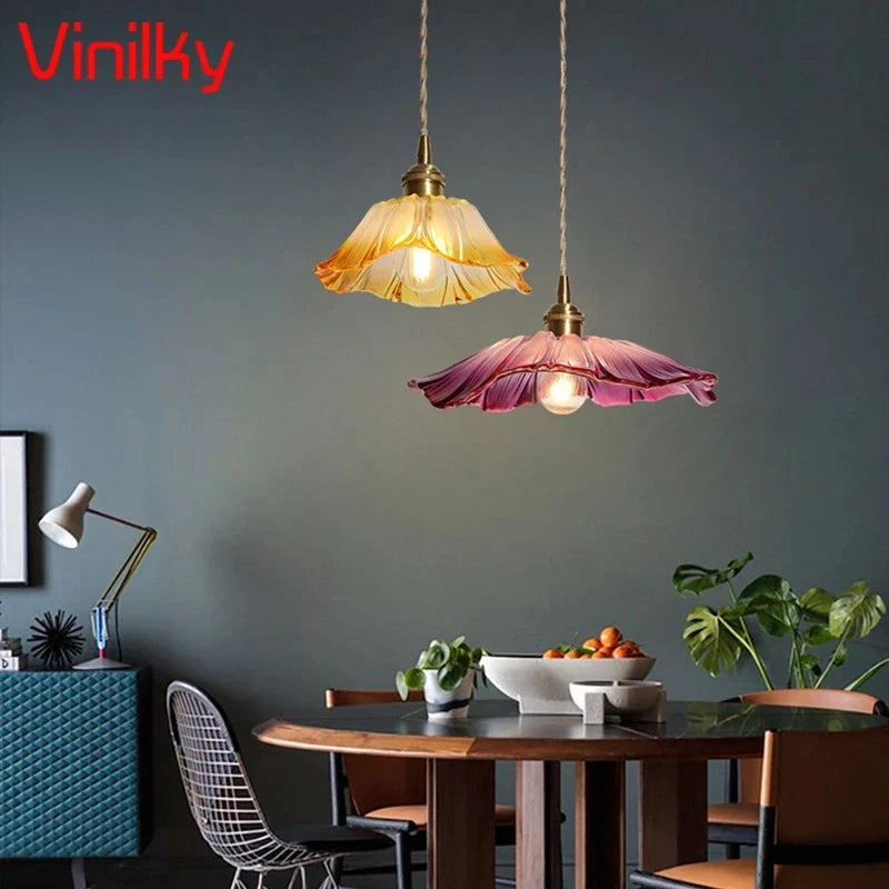 Nordic Minimalist Suspension Japanese Style Brass Glass Restaurant Chandelier Bedroom Bedside Aisle Balcony Bar Flower Lamps