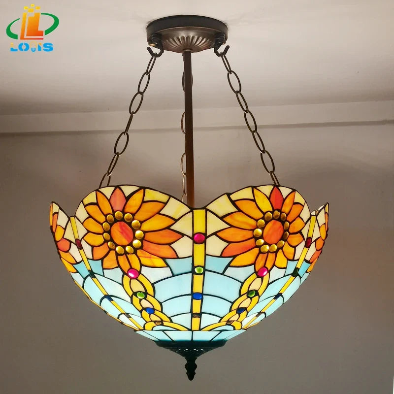Tiffany-style inverted antique glass chandelier for interior decoration