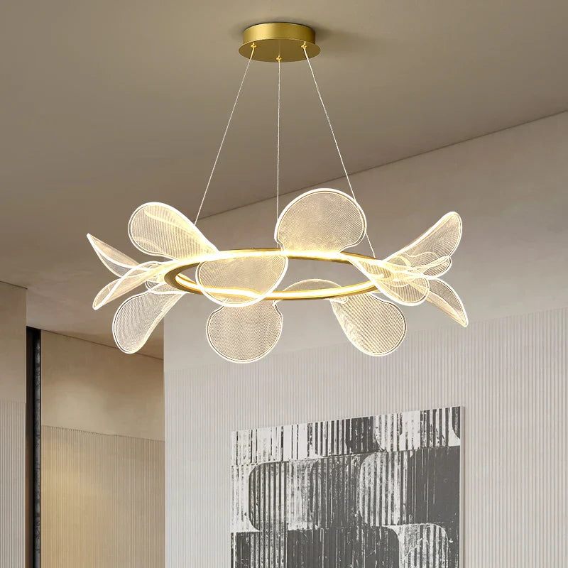 Clear acrylic chandelier with gold ring variable dimming