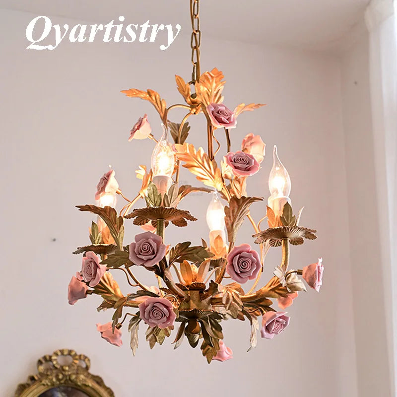 Decorative indoor ceramic and copper floral LED chandelier