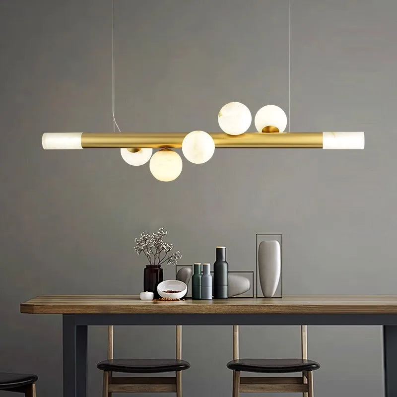 Long marble bar chandelier.