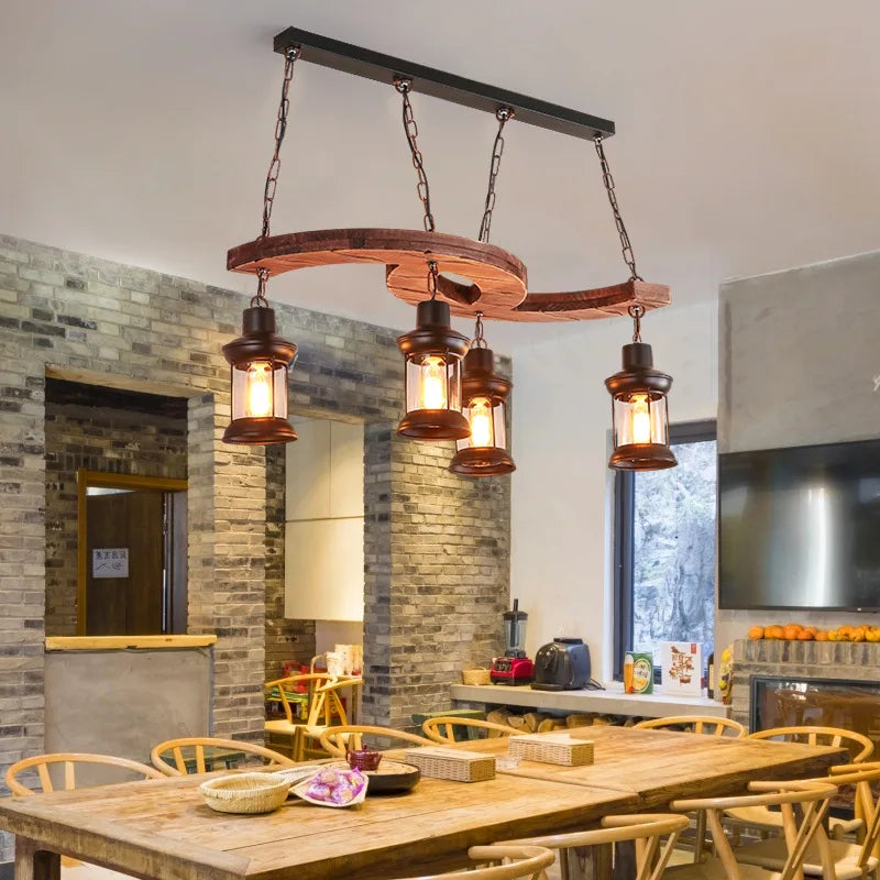 Retro 4-head industrial chandelier in wood and iron for cafe bar loft