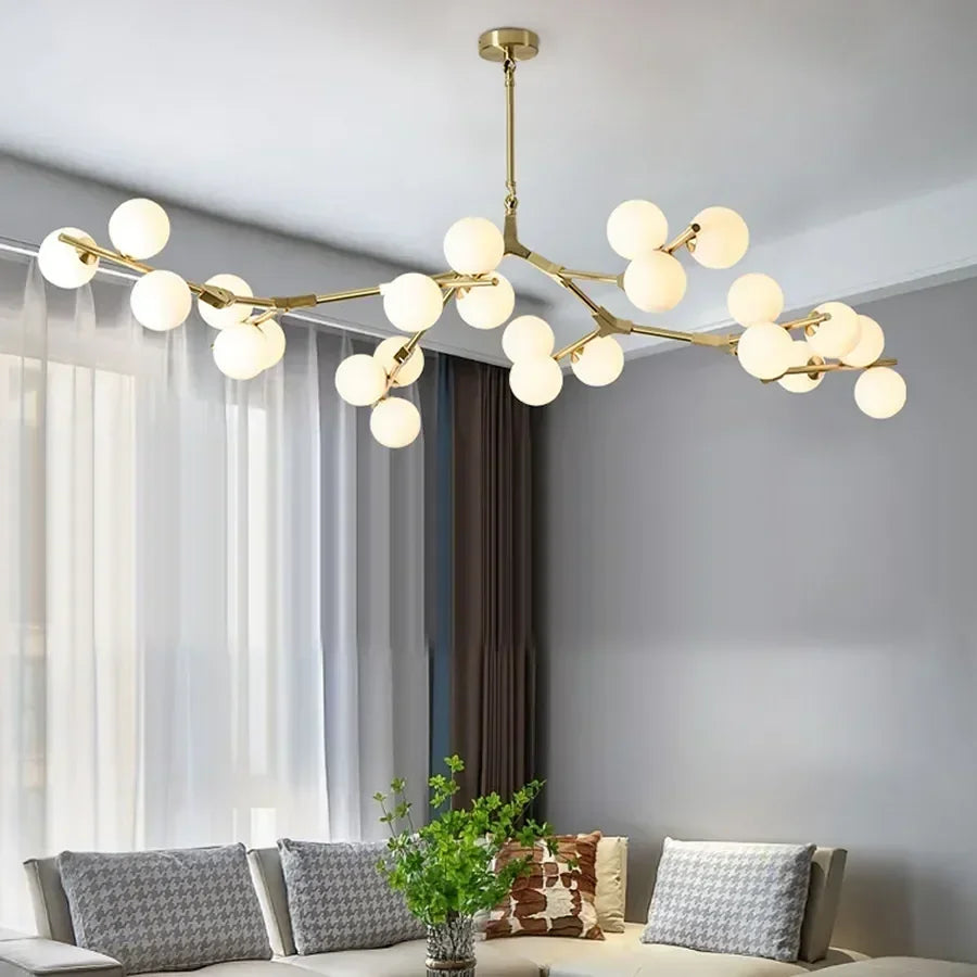 Modern glass chandelier with suspended LED branches