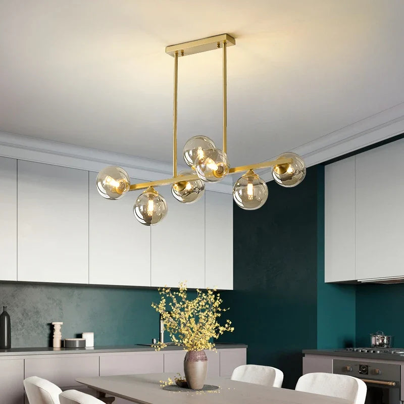 Copper pendant light with glass globe for interior decoration