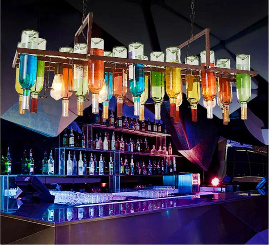 Glass Wine Bottle Chandelier E27 LED Vintage American Retro Industrial Creative Bar Cafe Restaurant Lighting
