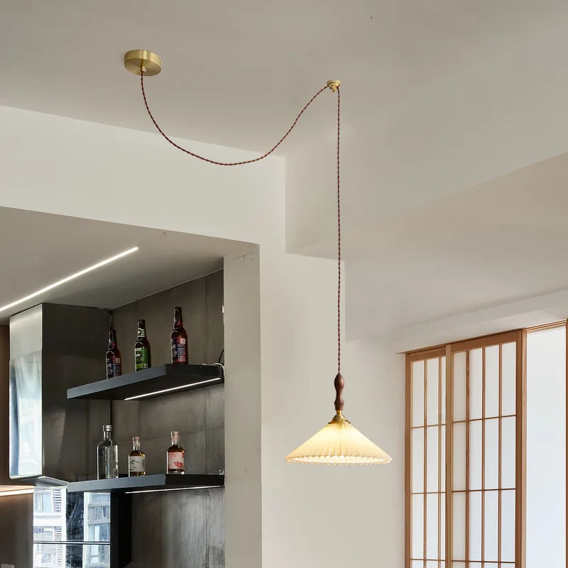 vintage Japanese walnut pleated shade chandelier