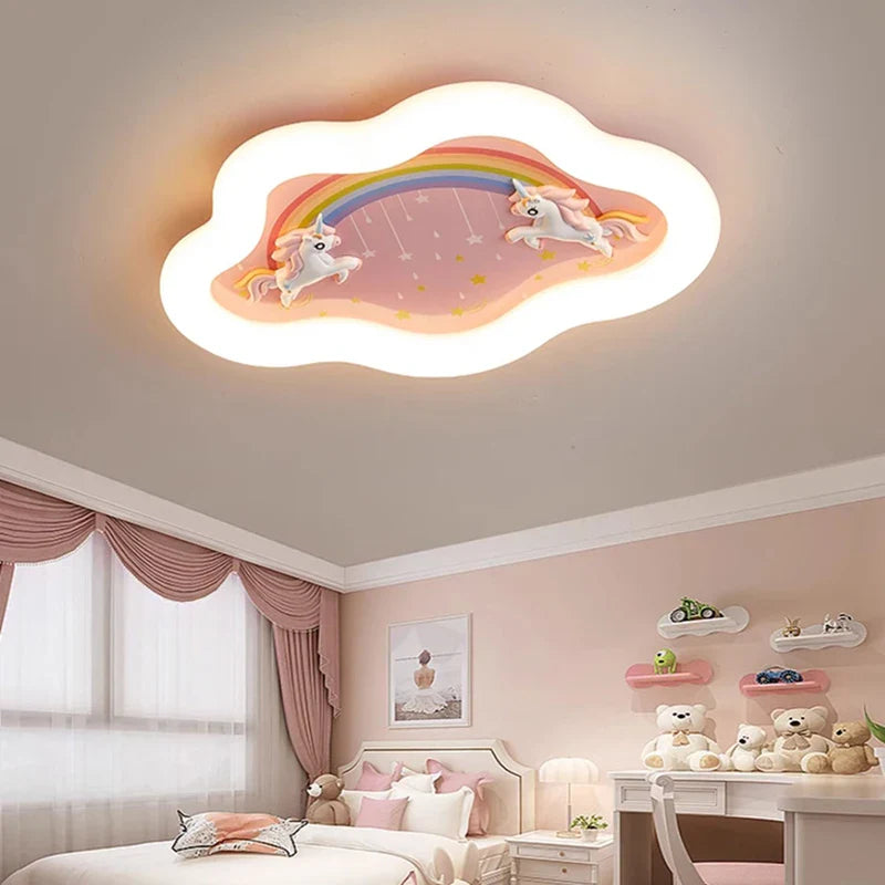 Rainbow cloud chandelier with horse for a child's bedroom