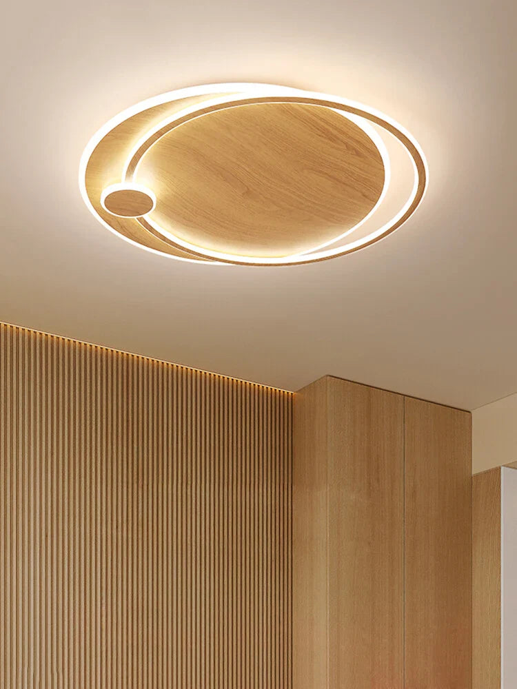 modern wooden chandelier with circular smart lighting
