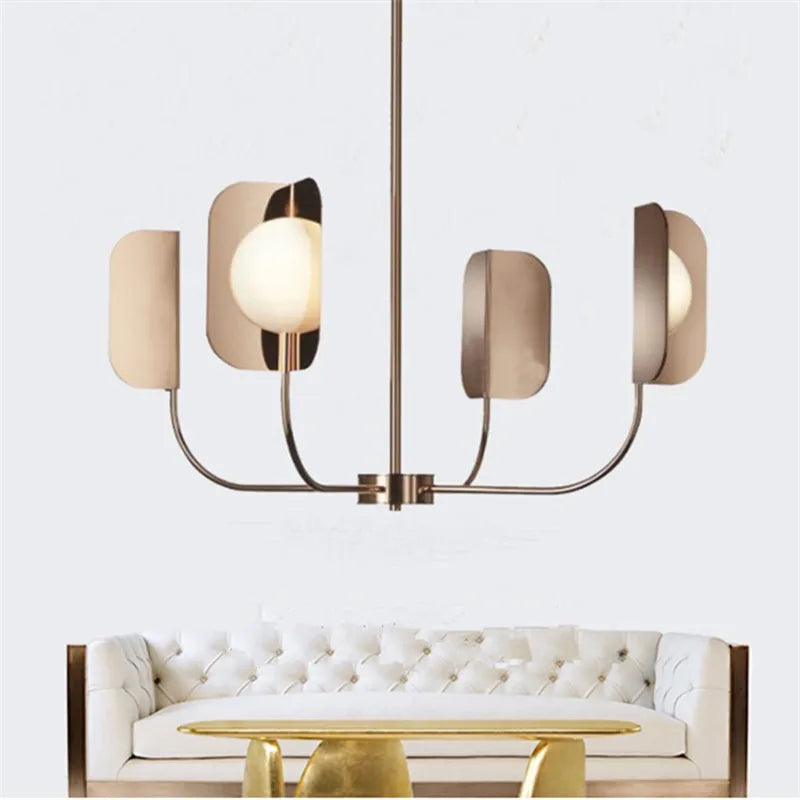 Designer milky glass chandelier with elegant metal leaves