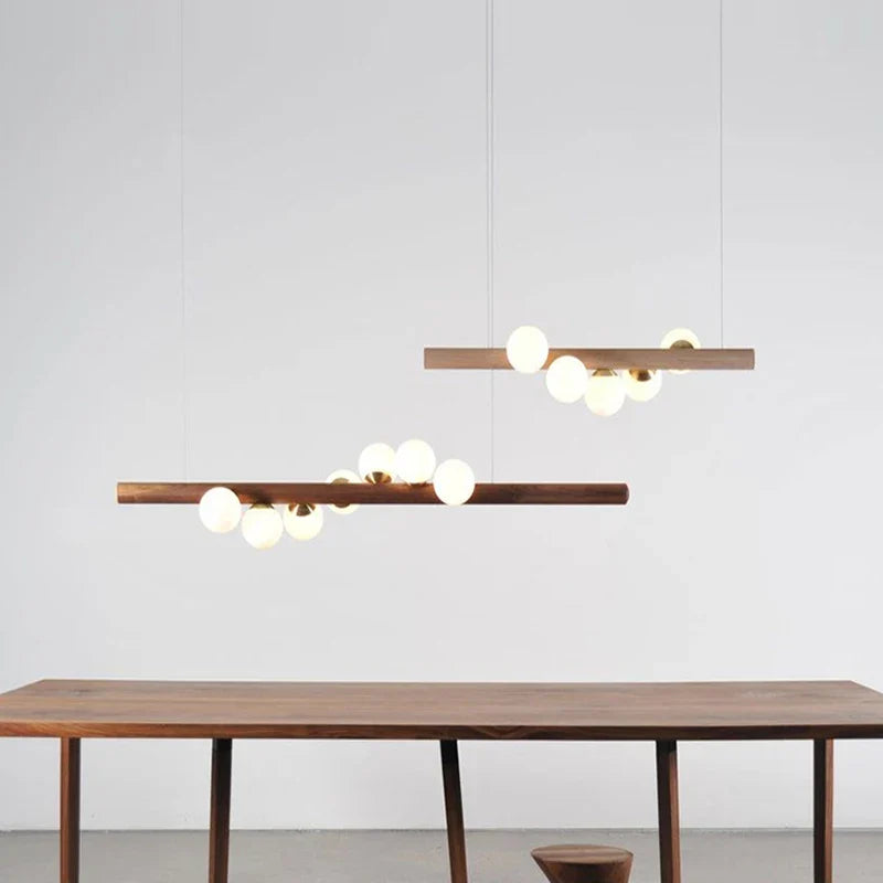 Modern glass and walnut wood chandelier for interiors