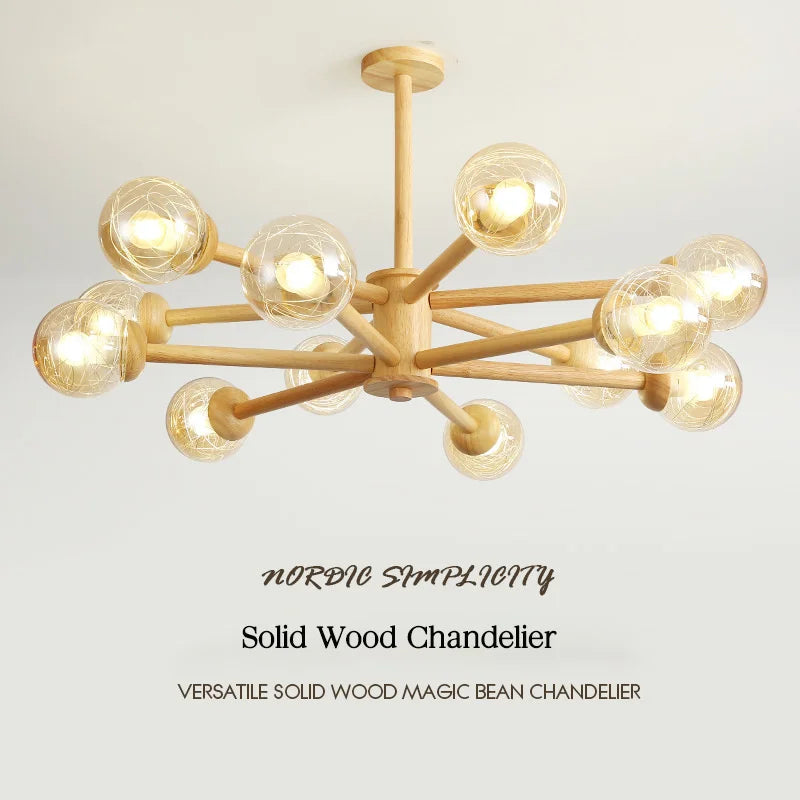 Modern wooden chandelier with glass shade for home decor