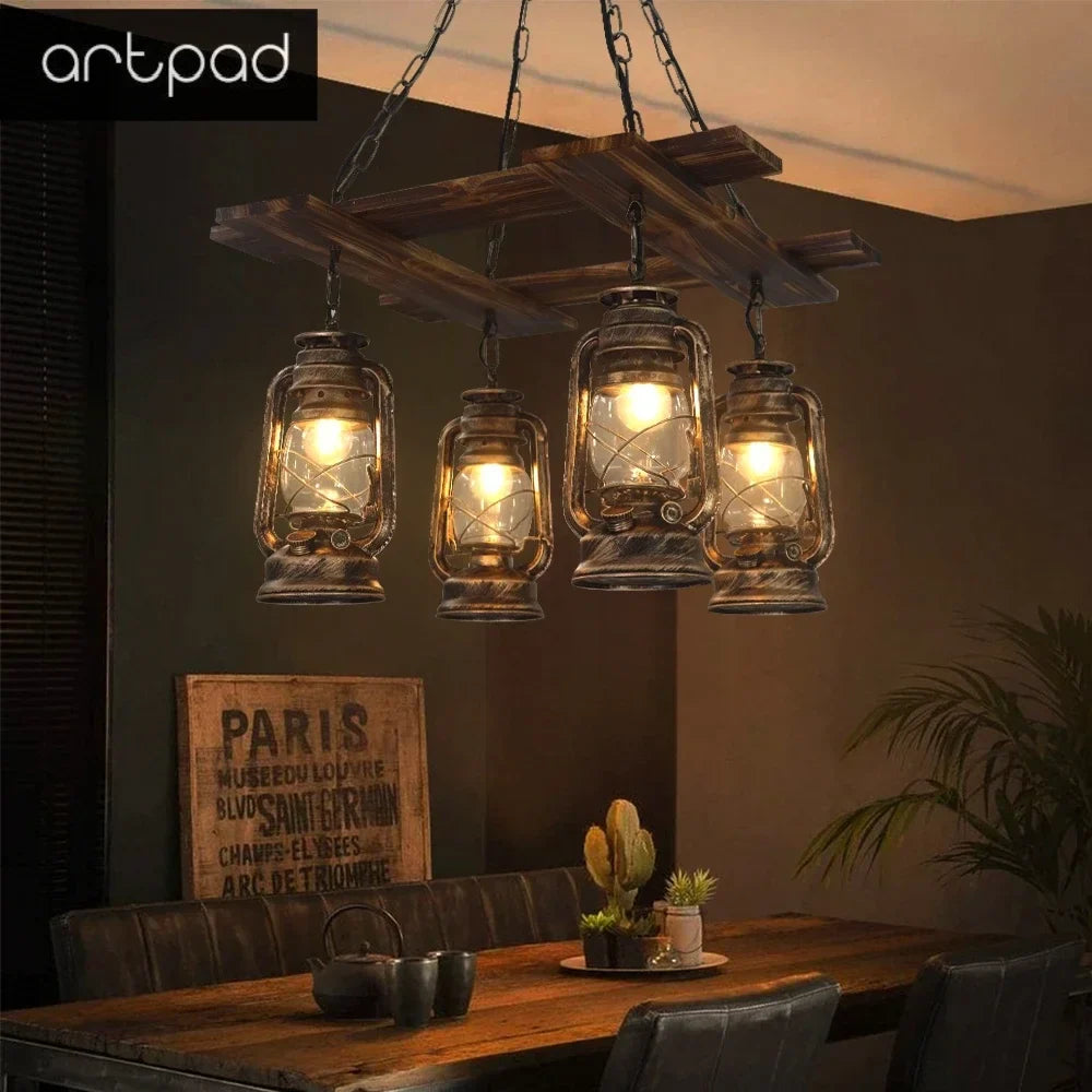 Retro wooden and glass chandelier for elegant decor