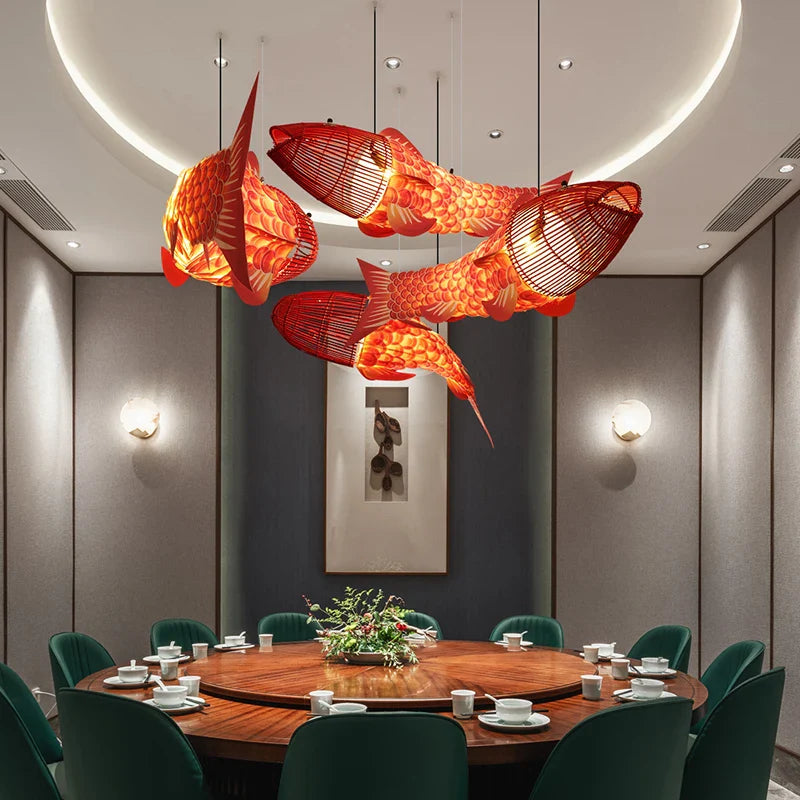 Creative Chinese Style Bamboo Chandelier with Big Fish