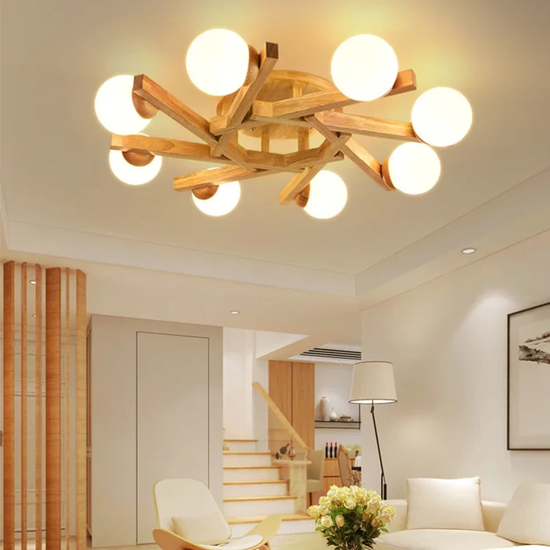Nordic design wooden and milky glass ceiling light