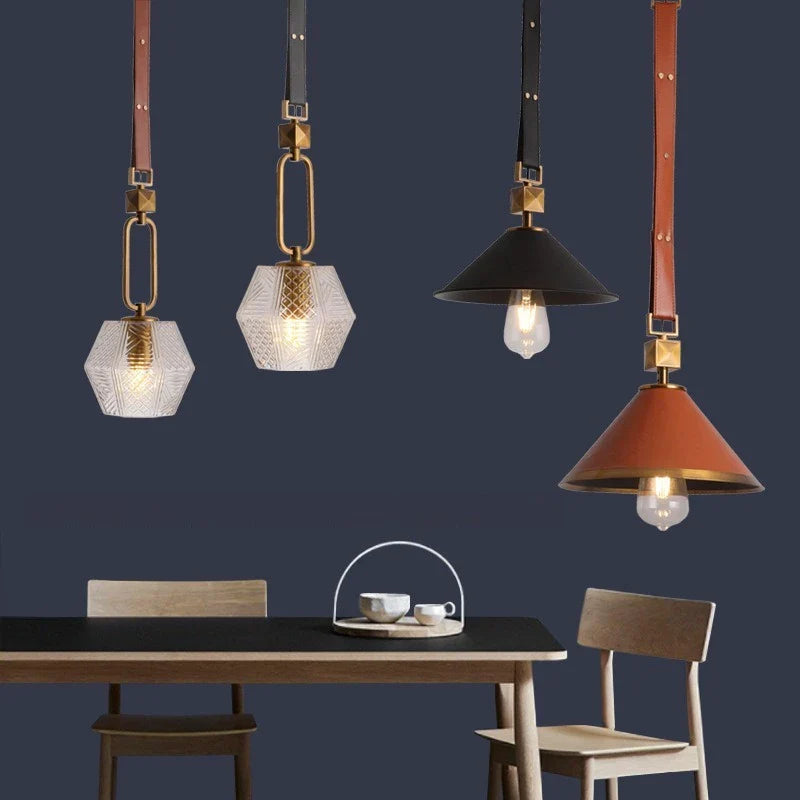 Modern leather chandelier with pendant light and crystal glass
